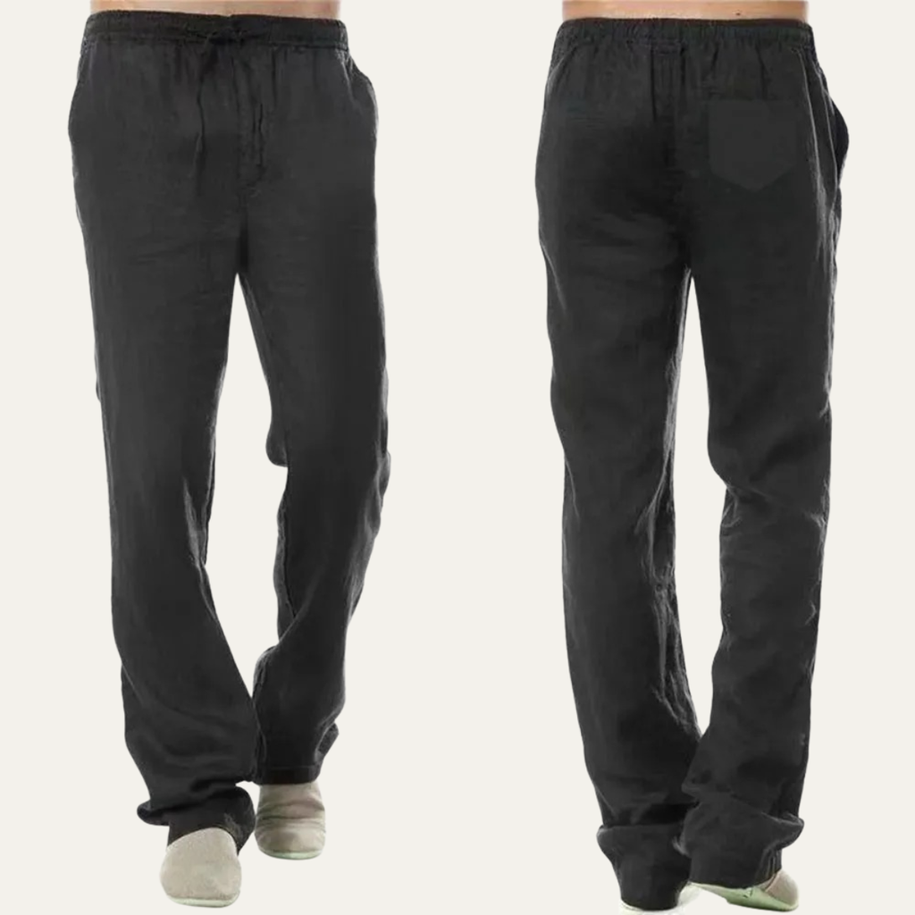 Dama Washington Callum men's relaxed linen pants black drawstring - front view