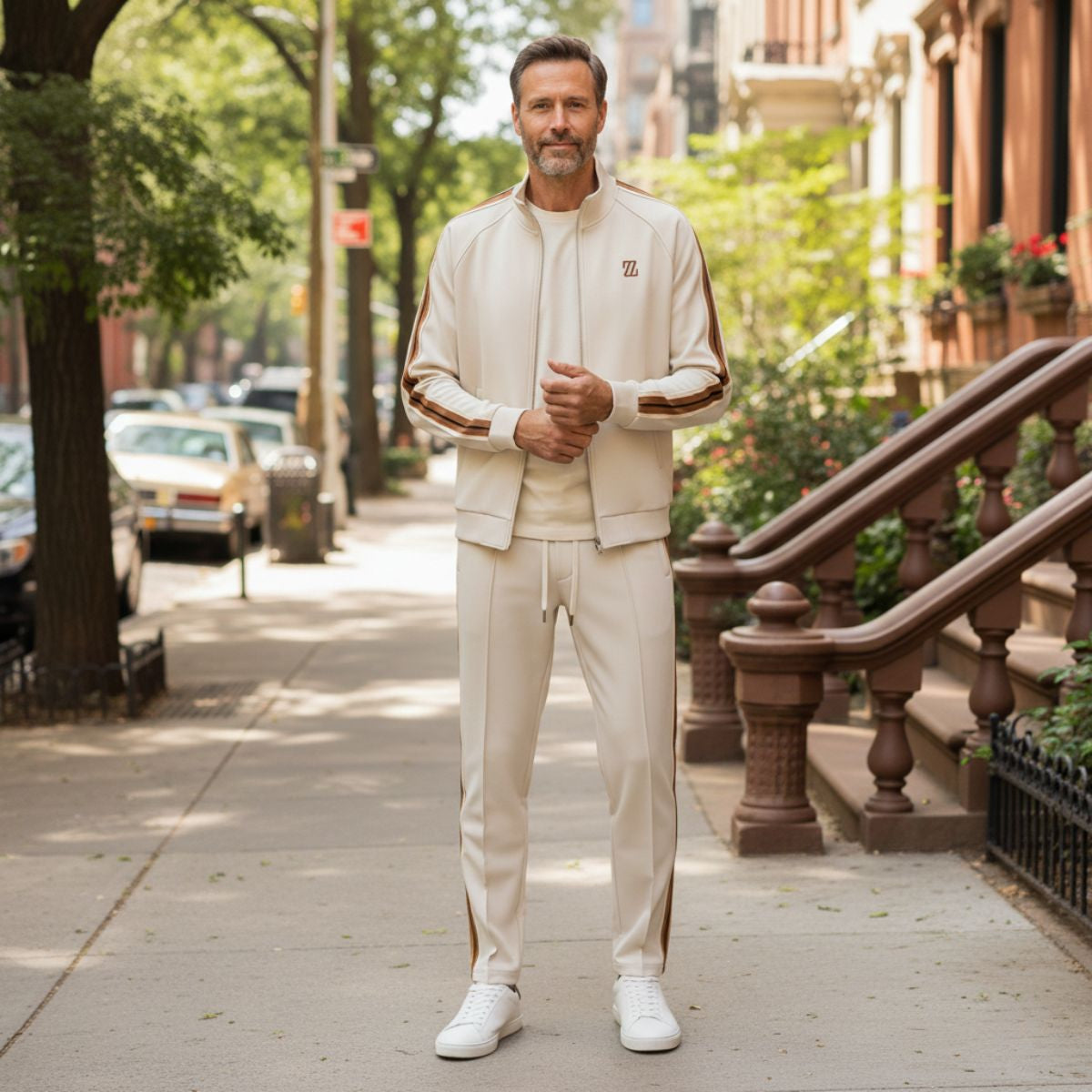 Axel | Men's Sweatsuit Cream Brown Stripe Track Jacket Joggers Set
