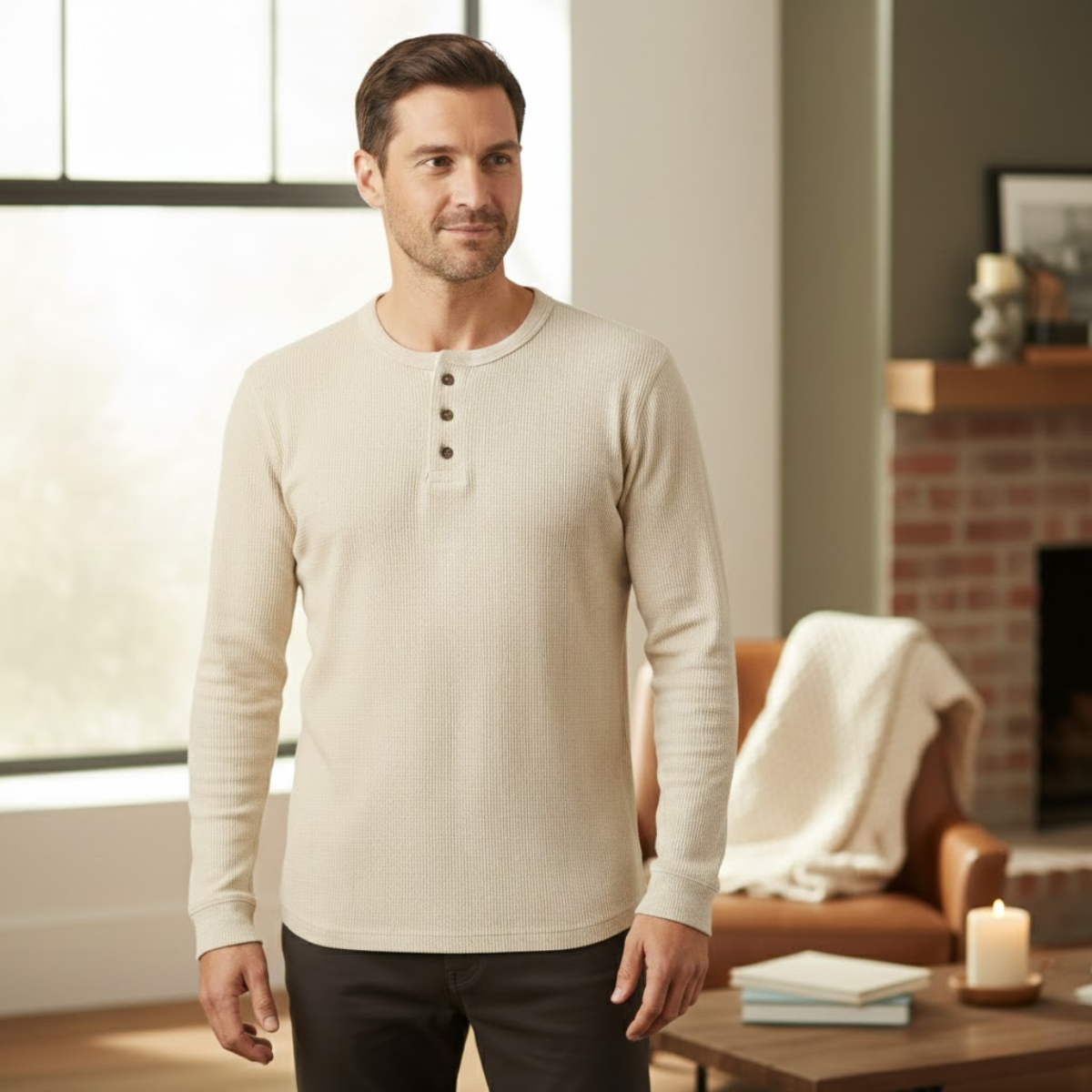 Beau | Men's Henley Shirt Gray Thermal Waffle Knit