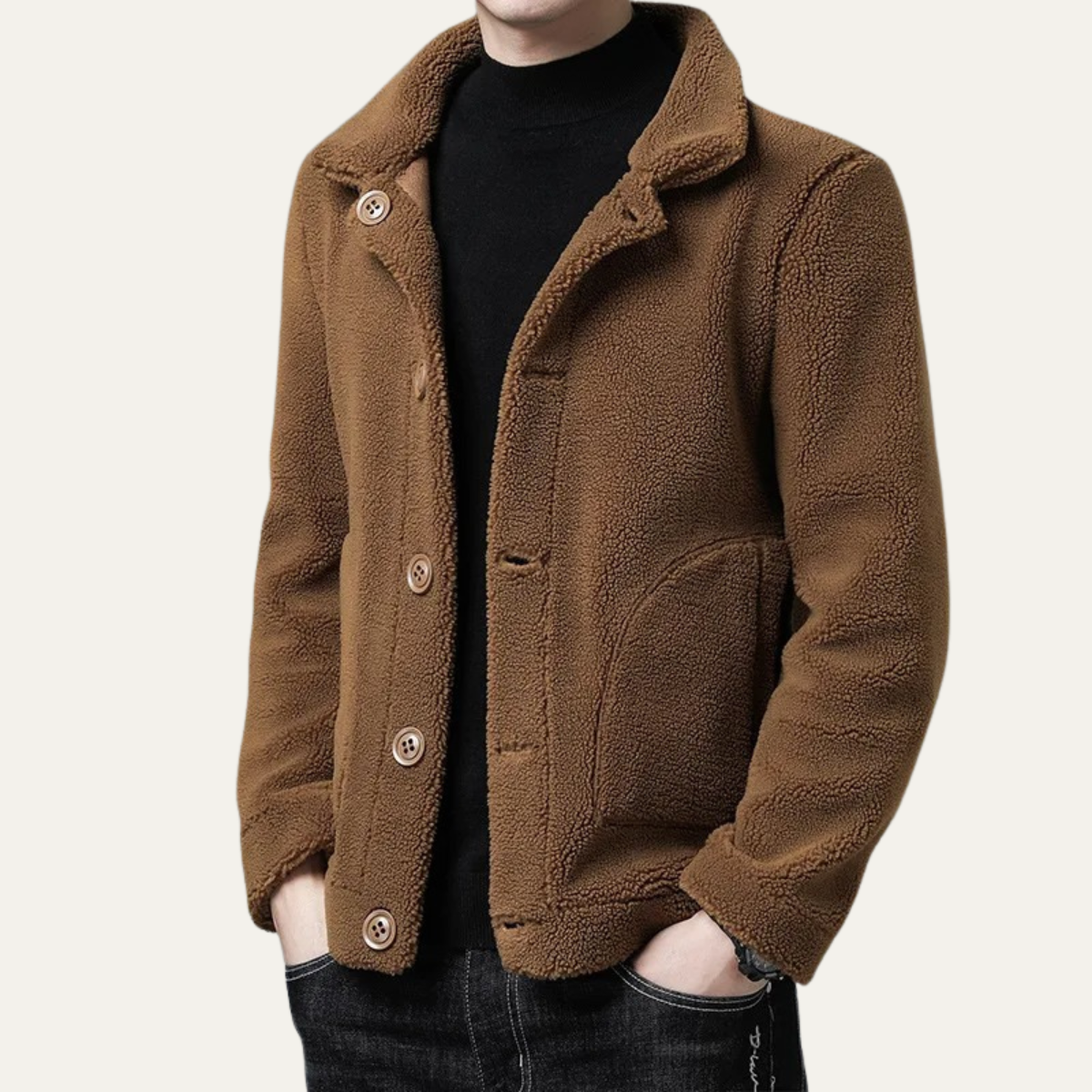 Rhys | Men's Fleece Jacket Black Textured Button Front