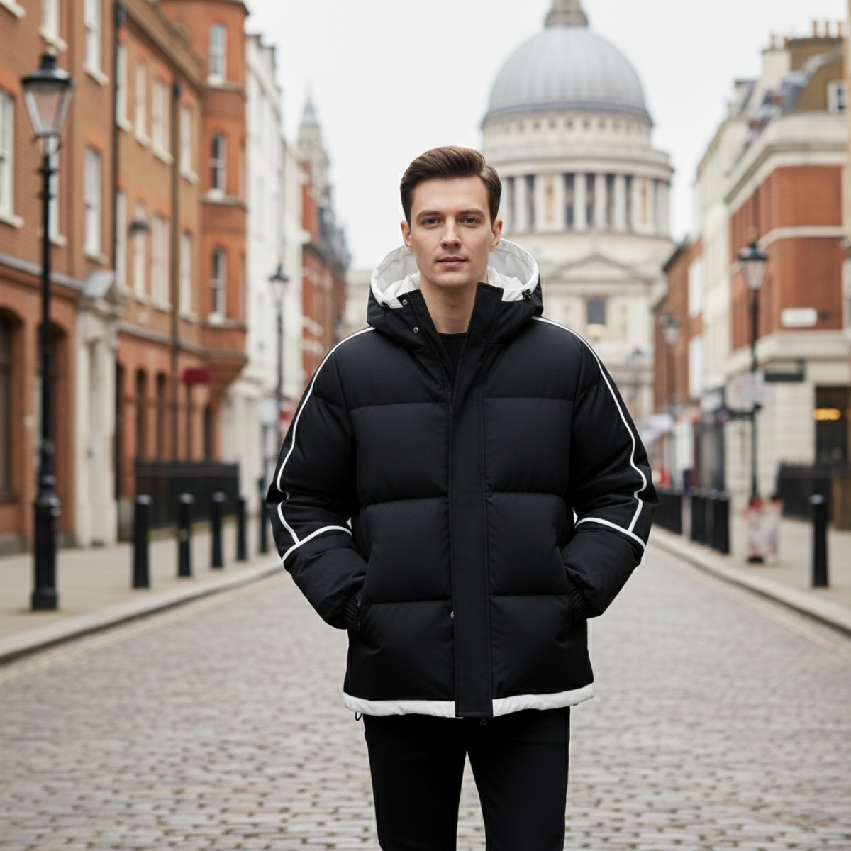 Jude | Men's Puffer Jacket Black White Hooded Waterproof