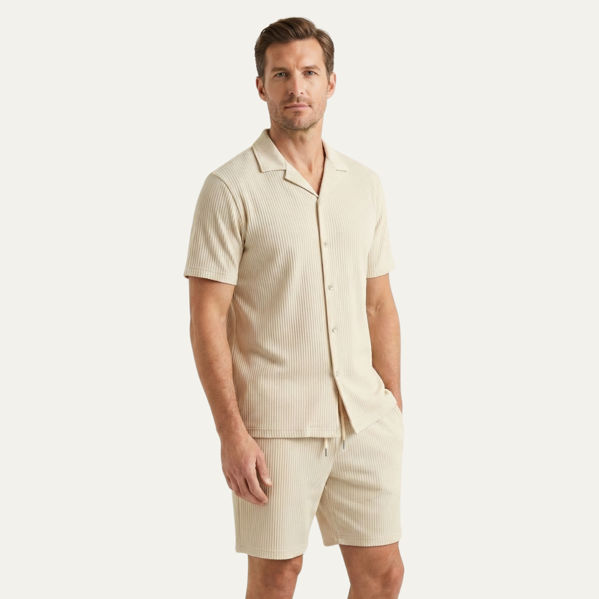 Voss | Men's Lounge Set Black Ribbed Short Sleeve Shirt Shorts