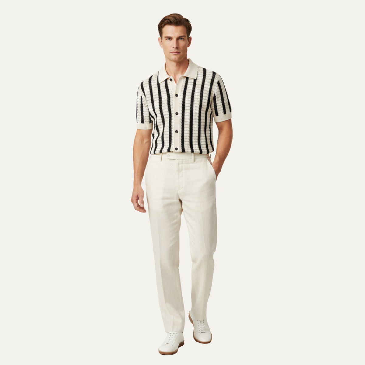 Orrin | Men's Striped Knit Polo Shirt Cream Black Short Sleeve