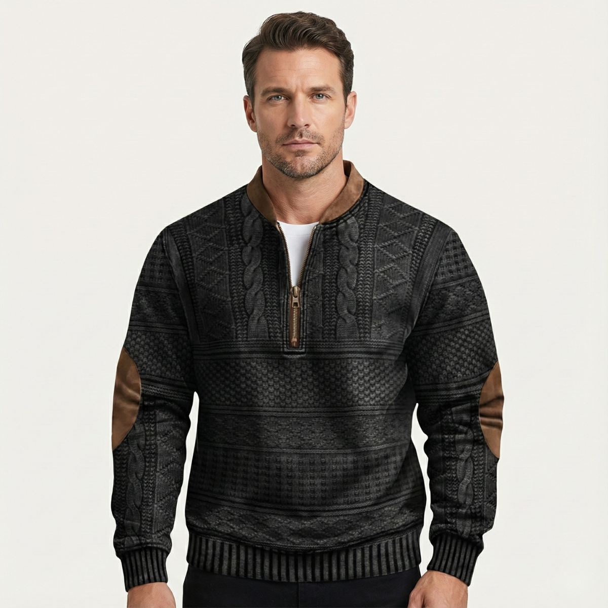 Beau | Men's Cable Knit Sweater Black Brown Elbow Patches Quarter Zip