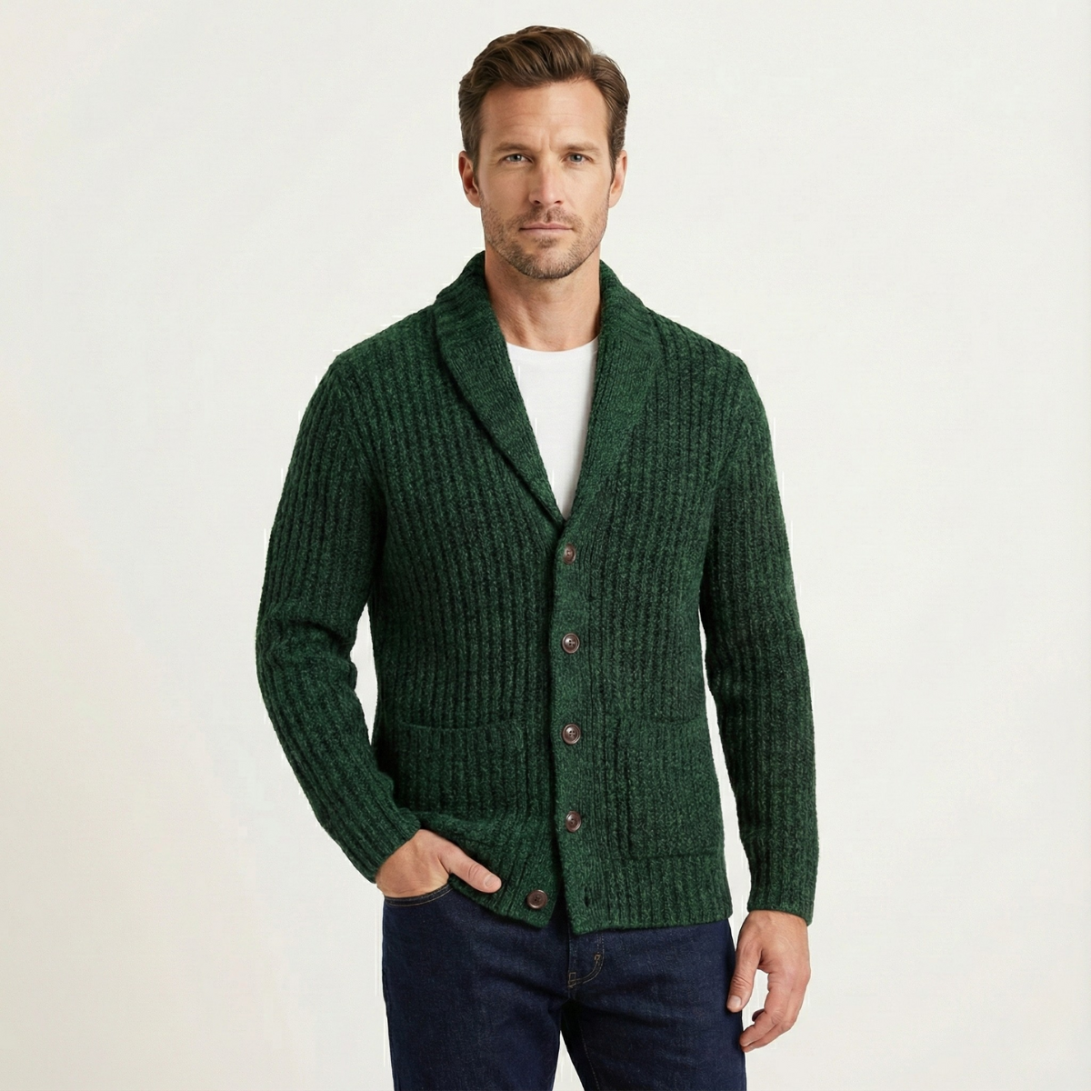 Rhys | Men's Chunky Cable Knit Cardigan Burgundy Shawl Collar