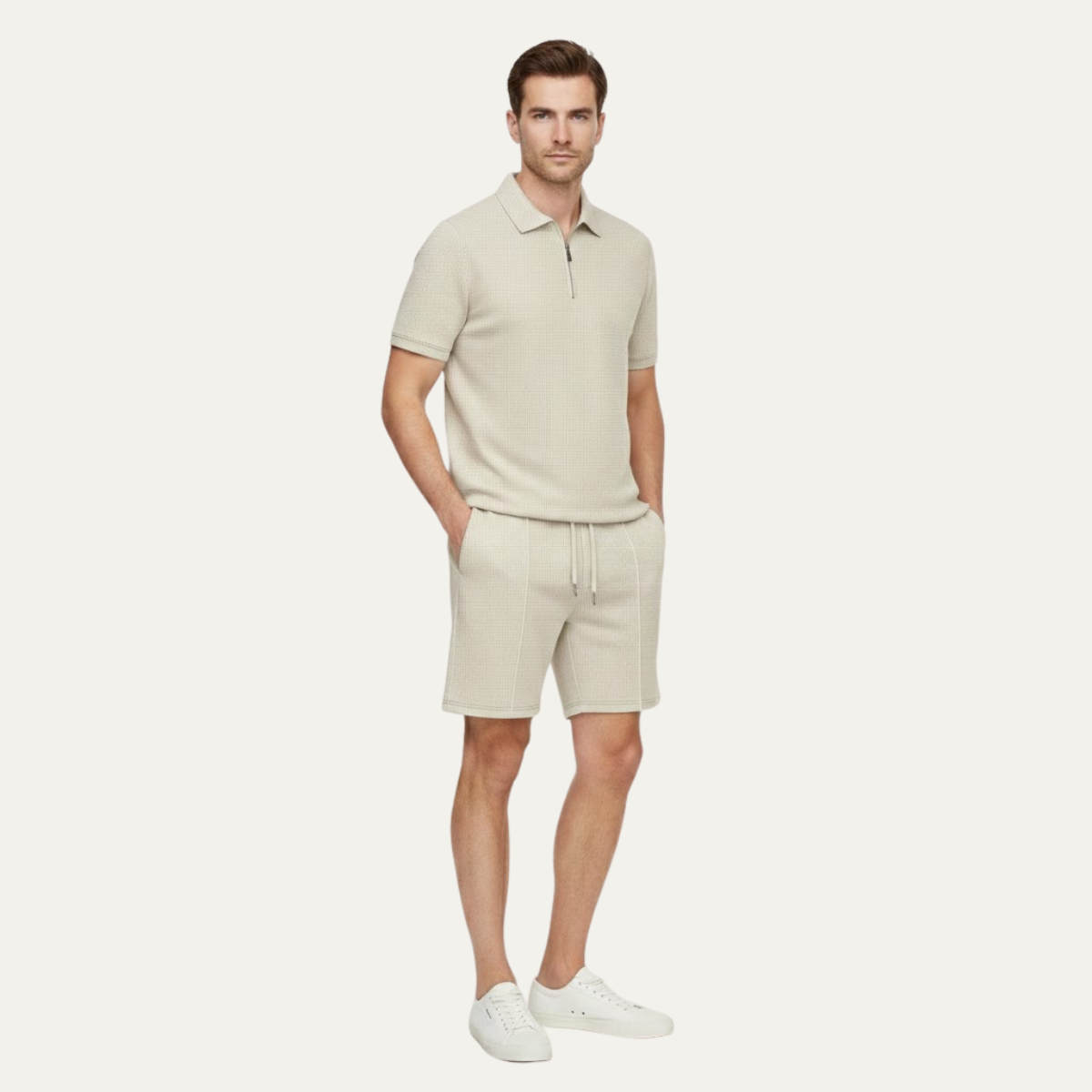 Axel | Men's Sweatsuit Cream Short Sleeve Polo Shirt Shorts Set