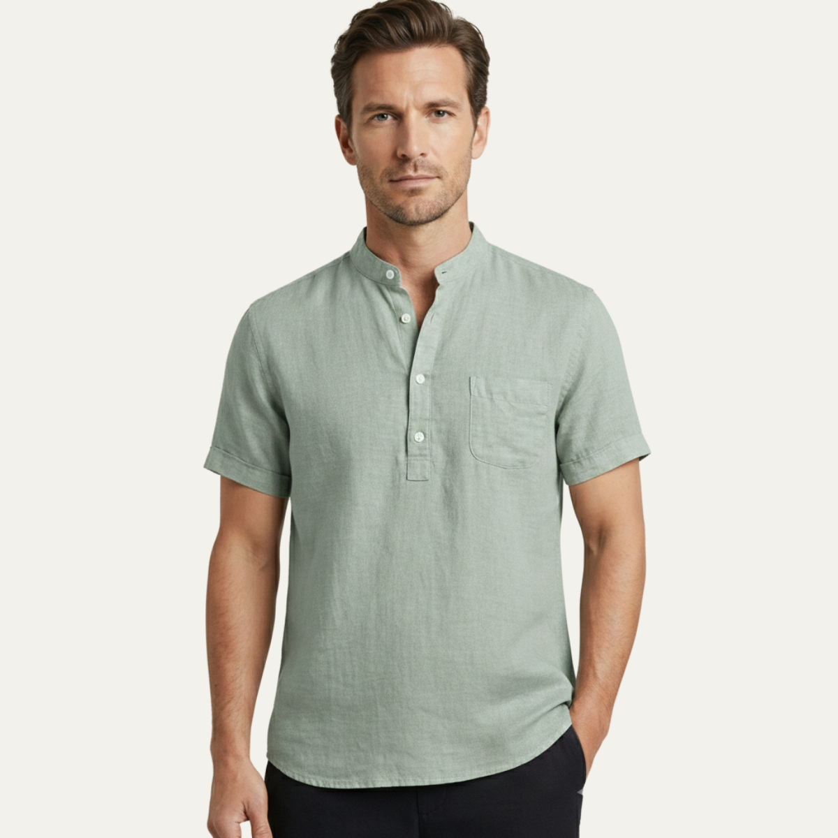 Axel | Men's Casual Linen Henley Shirt Gray Short Sleeve