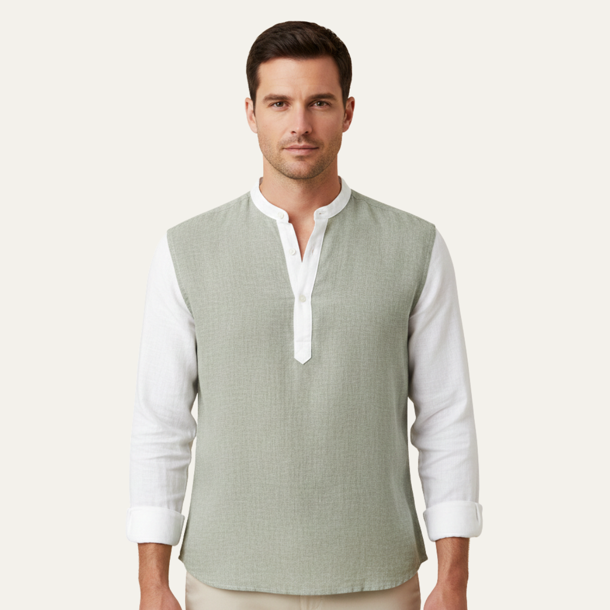Lars | Men's Linen Shirt Sage Green Long Sleeve Henley