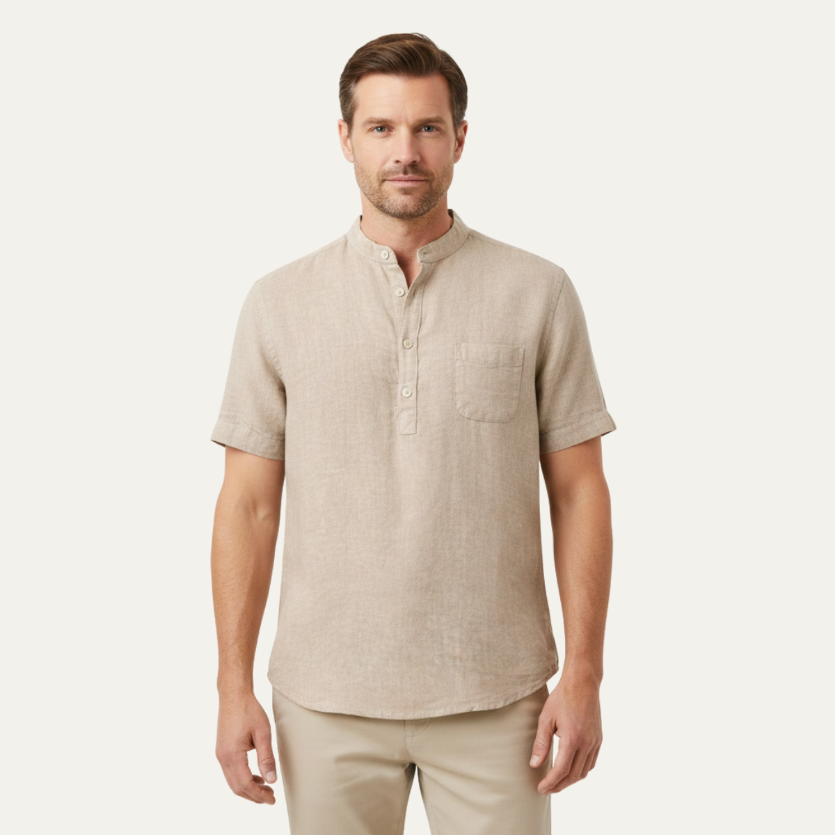 Ezra | Men's Linen Henley Shirt Cream Short Sleeve