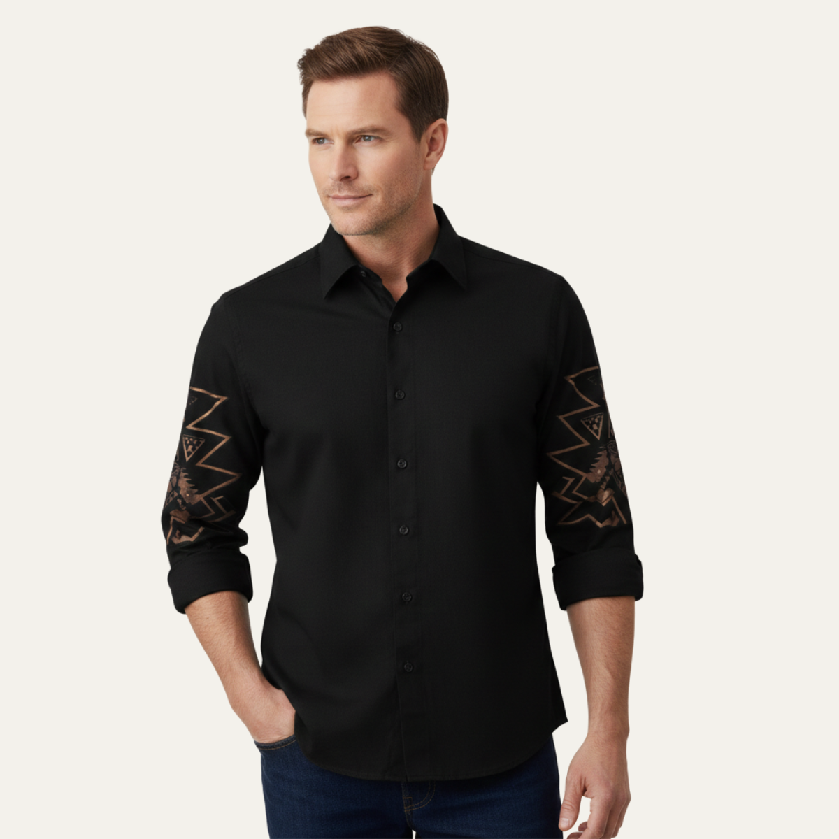 Wyatt | Men's Boho Button Up Shirt Teal Geometric Sleeves