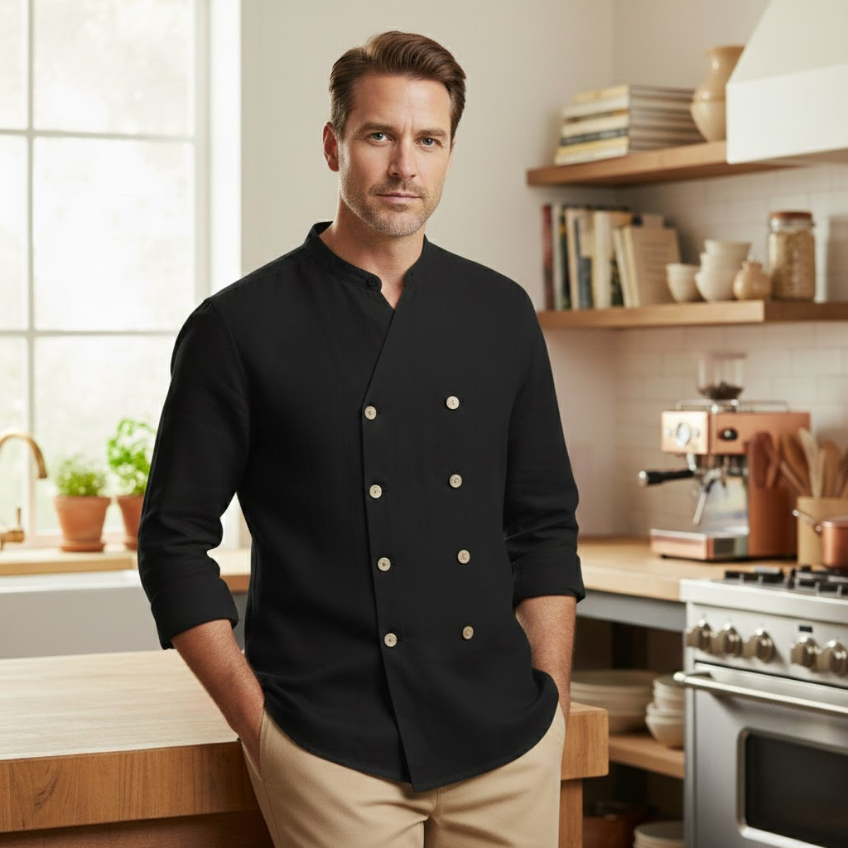 Kai | Men's Double Breasted Linen Shirt Cream Long Sleeve