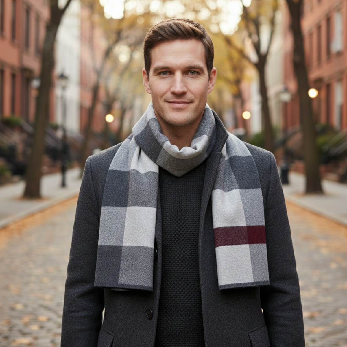 Bram | Men's Plaid Knit Scarf Gray Black Cream