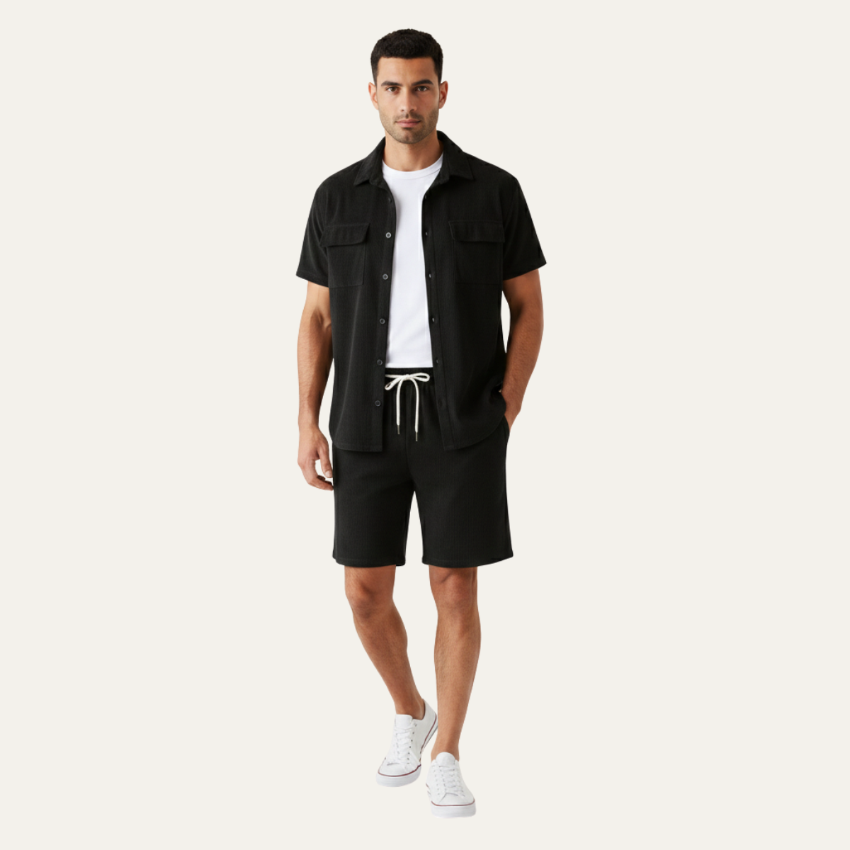 Beau | Men's Casual Corduroy Shorts Set Tan Short Sleeve