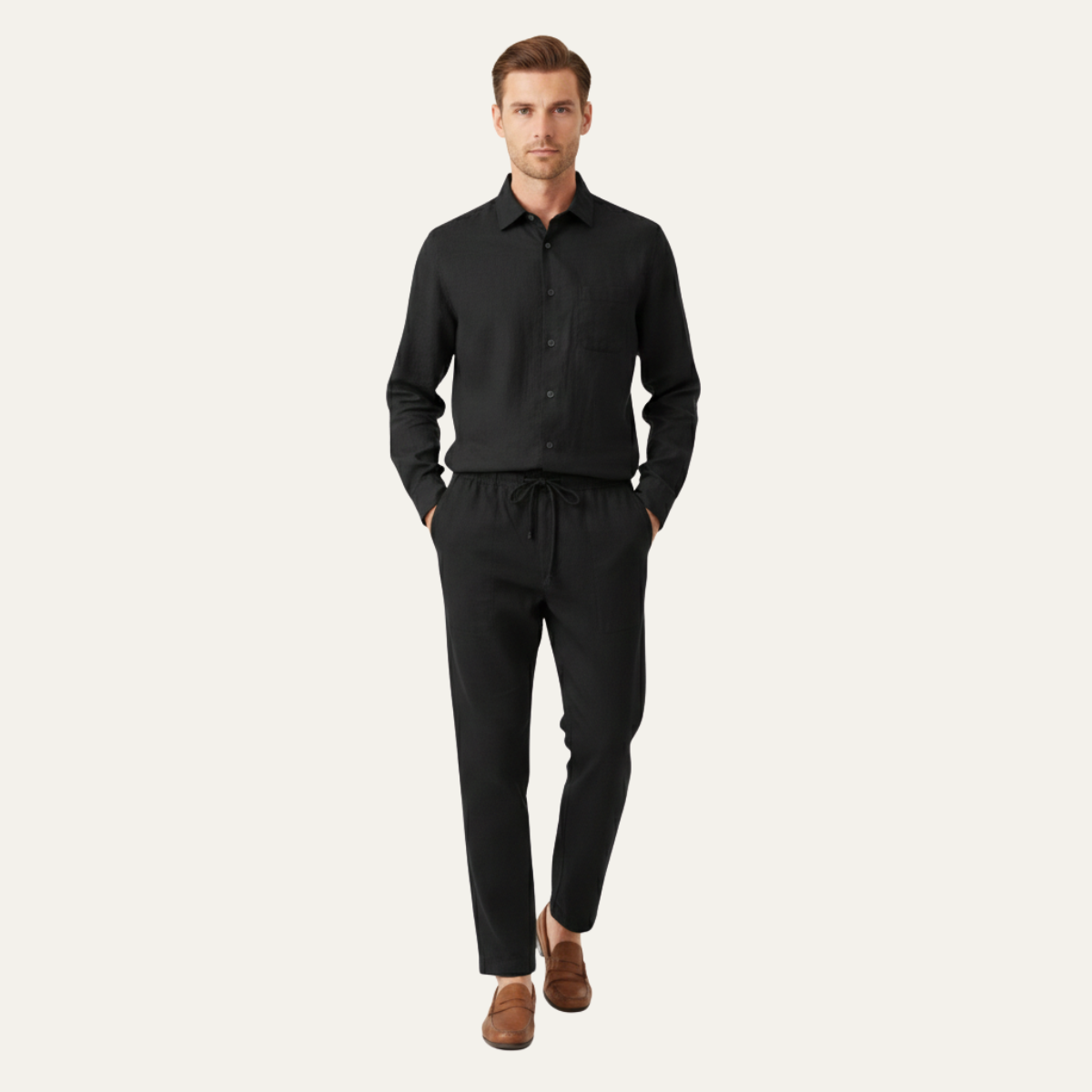 Ivo | Men's Lounge Set Cream Button Up Shirt Drawstring Pants