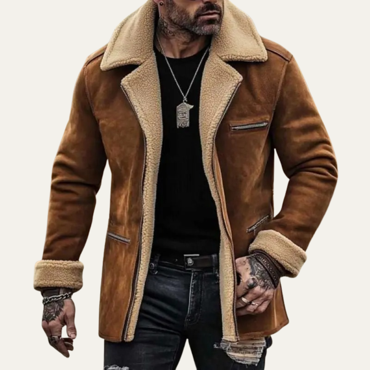 Flint | Men's Sherpa Lined Suede Jacket Brown Zipper Pockets