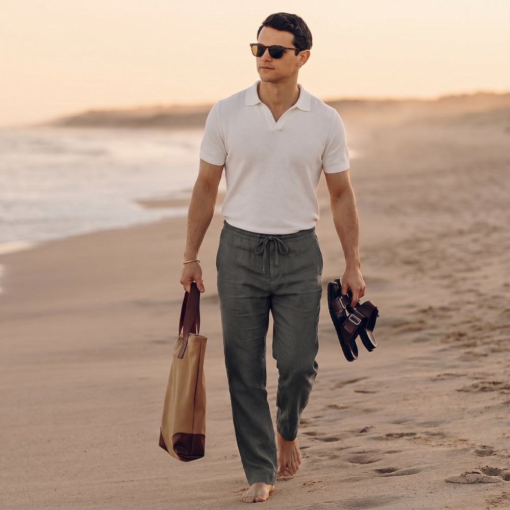 Enzo | Men's Linen Pants Charcoal Wide Leg Drawstring