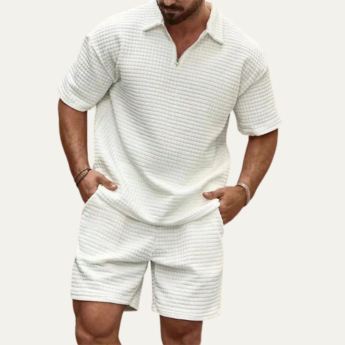 Camille | Men's Knit Shorts Set Cream Waffle Texture