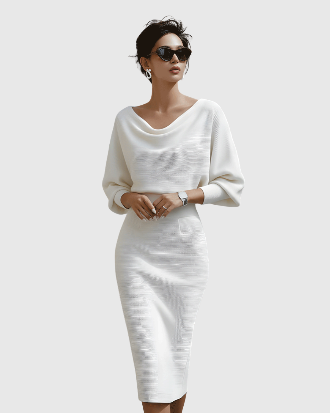 Elise | Women's Cowl Neck Midi Dress Black Long Sleeve
