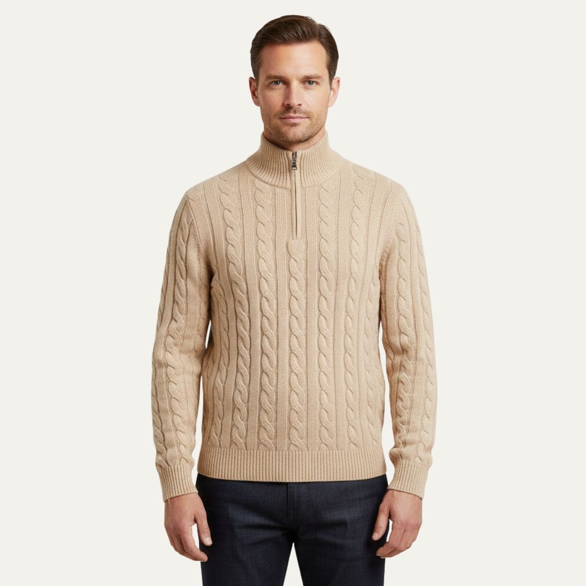 Bram | Men's Quarter Zip Cable Knit Sweater Cream