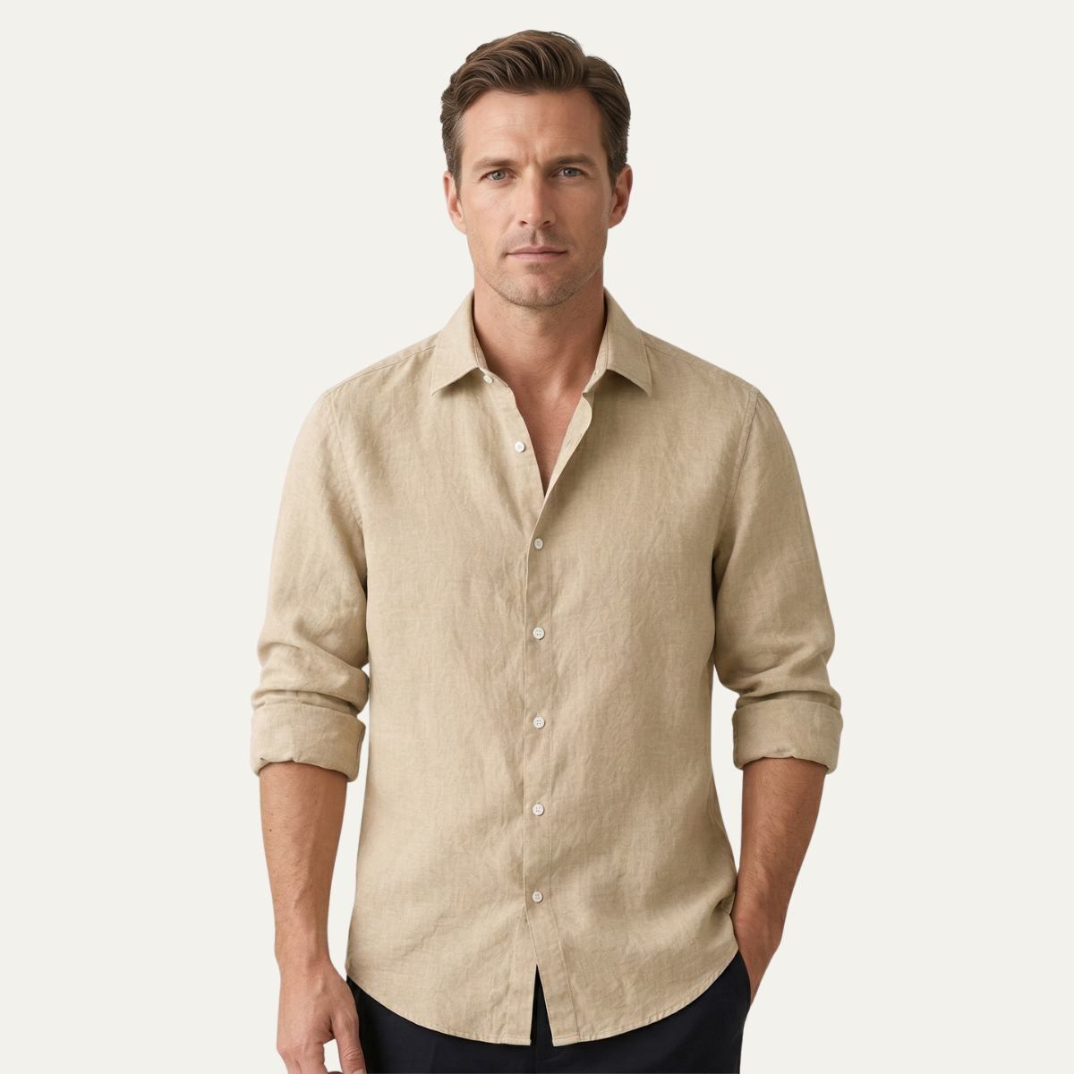 Eli | Men's Linen Shirt Cream Button Up Long Sleeve