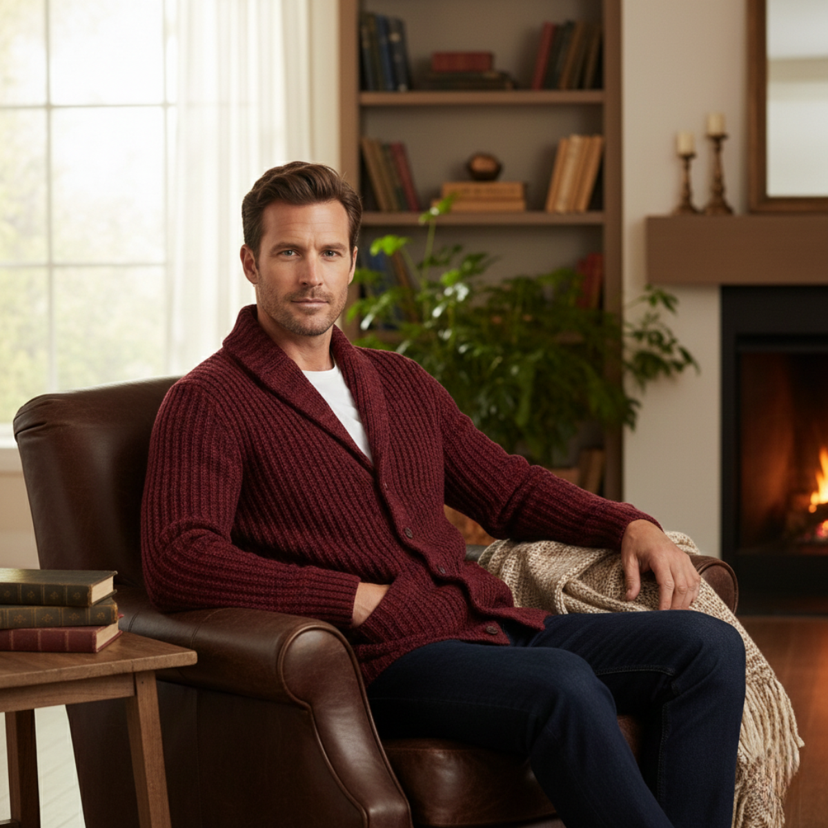Lex | Men's Chunky Cable Knit Cardigan Burgundy Shawl Collar