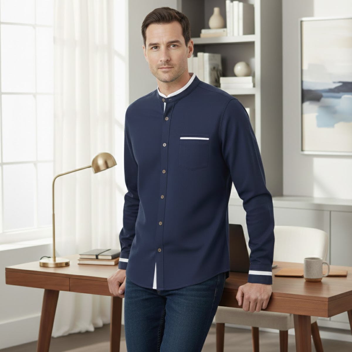 Tate | Men's Button Up Shirt Light Blue Mandarin Collar