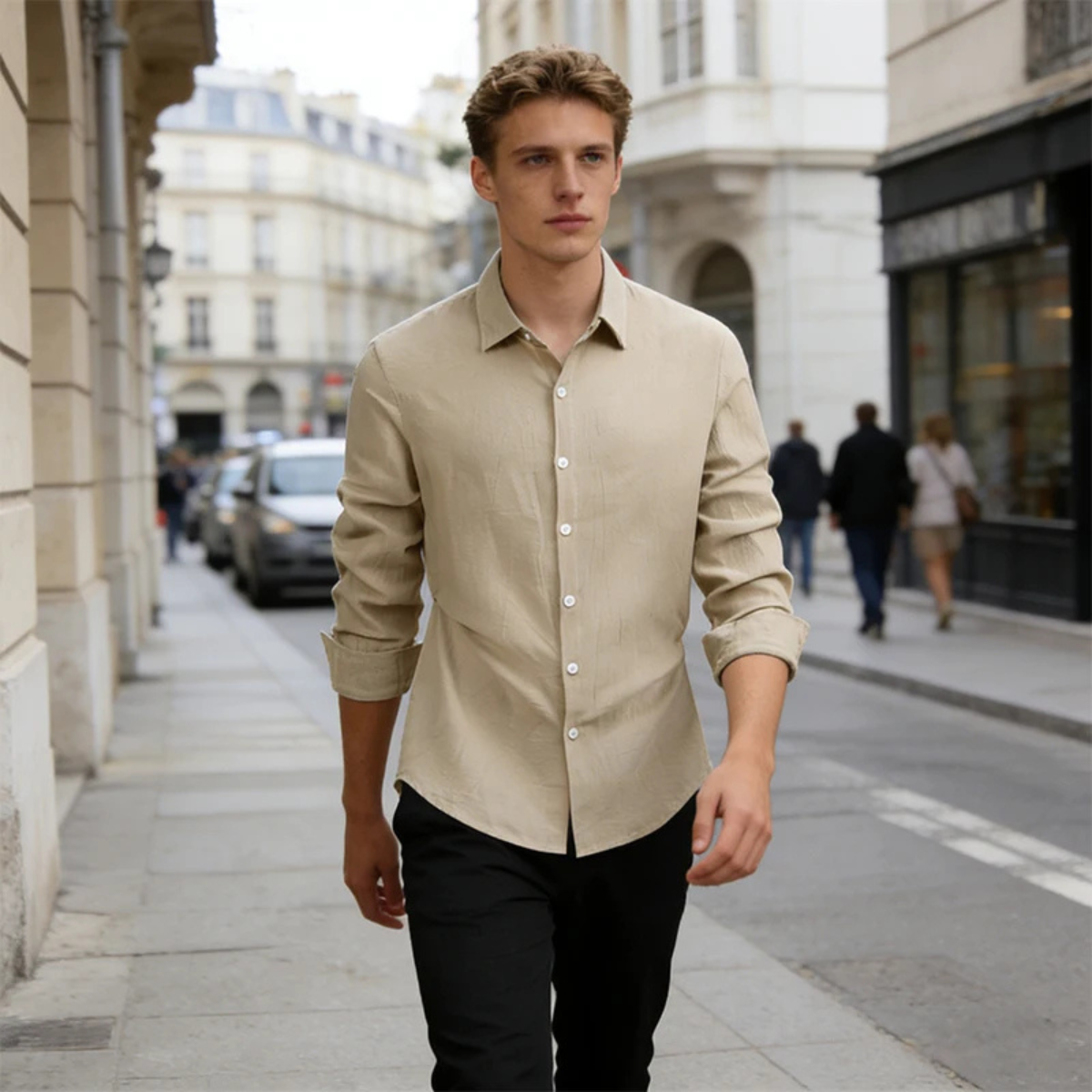Beau | Men's Linen Shirt Cream Long Sleeve Button Up