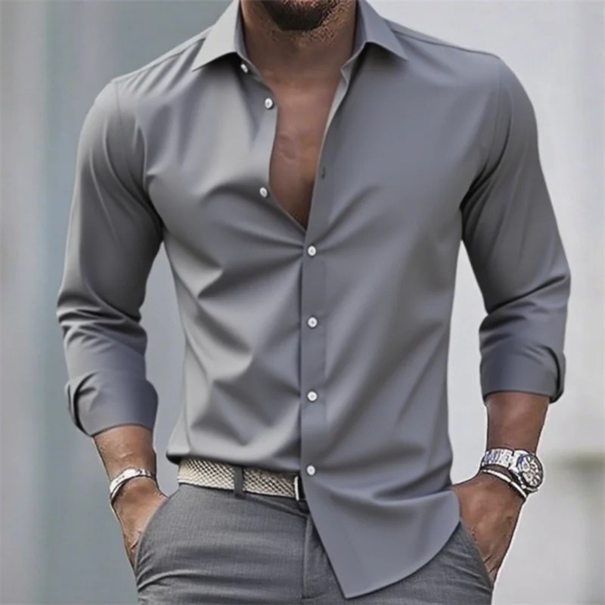 Blake | Men's Slim Fit Button Up Shirt Gray Long Sleeve
