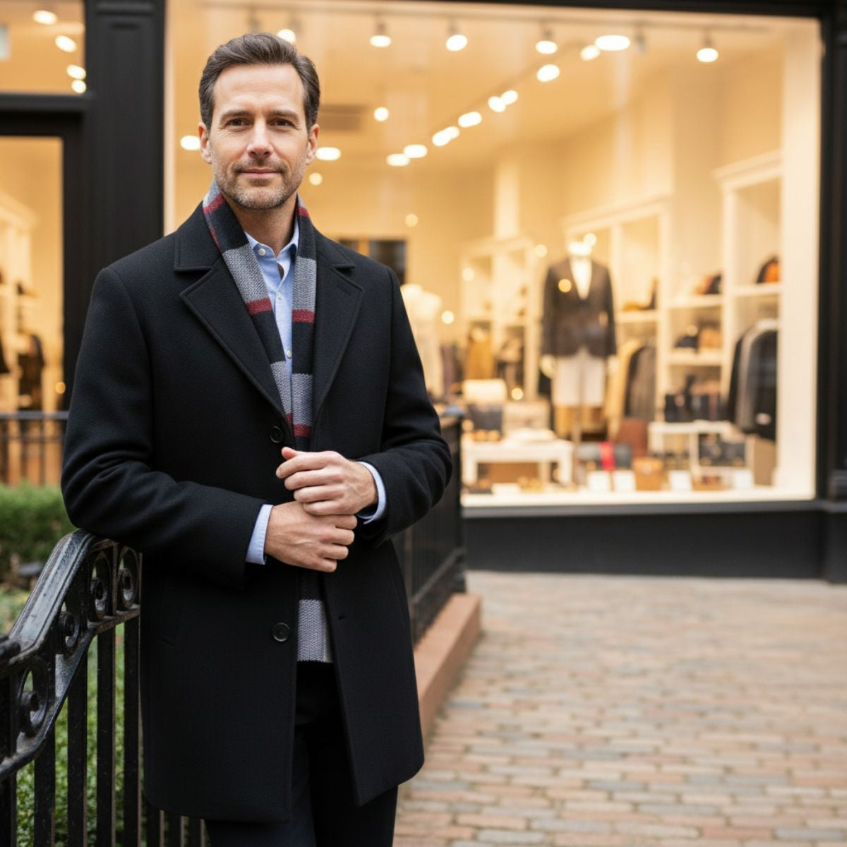 Callum | Men's Wool Overcoat Black With Striped Scarf Collar