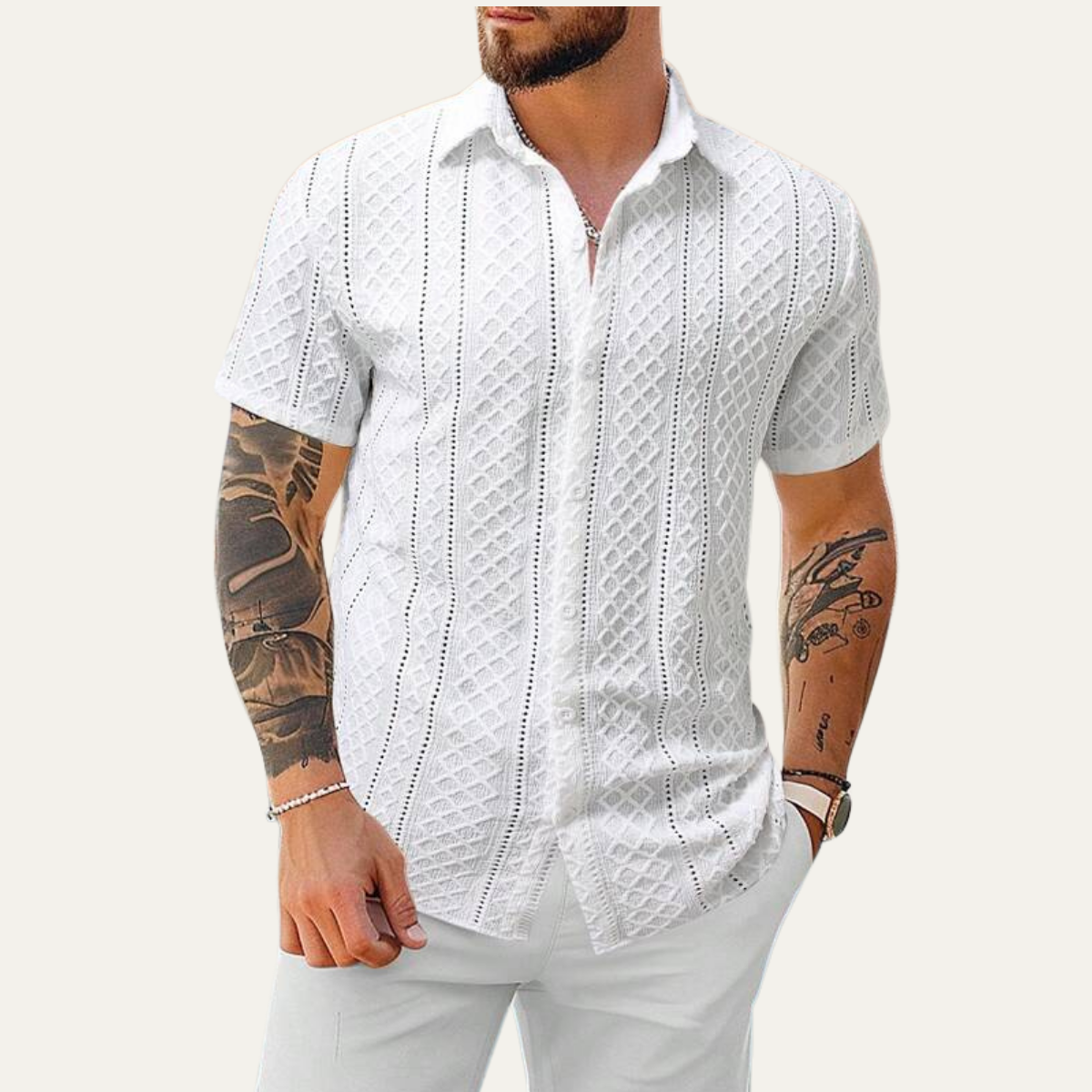 Axel | Men's White Button Up Shirt Textured Cable Knit Short Sleeve