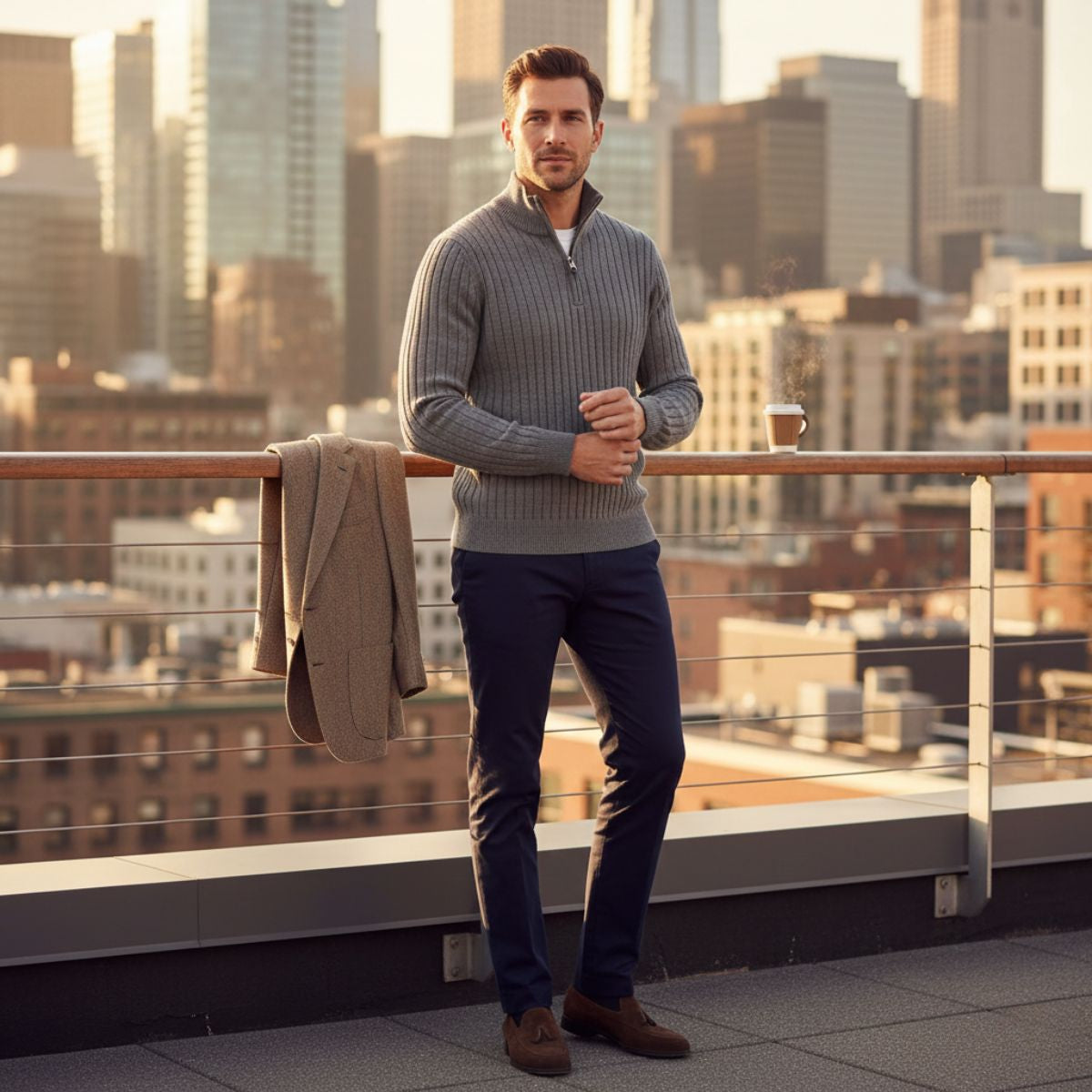Axel | Men's Quarter Zip Sweater Cream Ribbed Knit