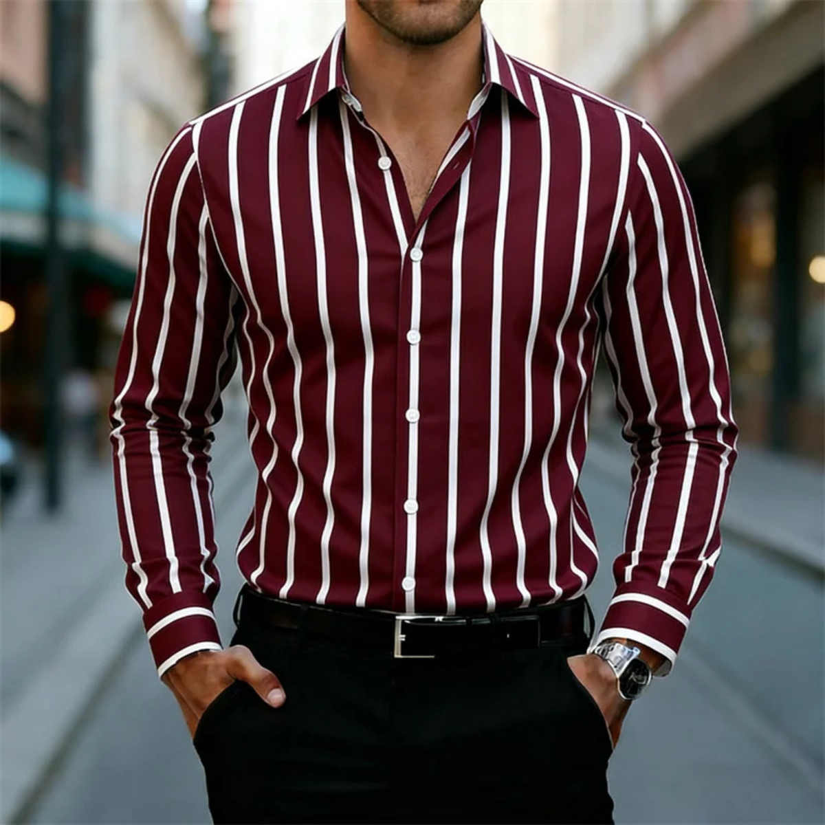 Kai | Men's Striped Button Up Shirt Burgundy White