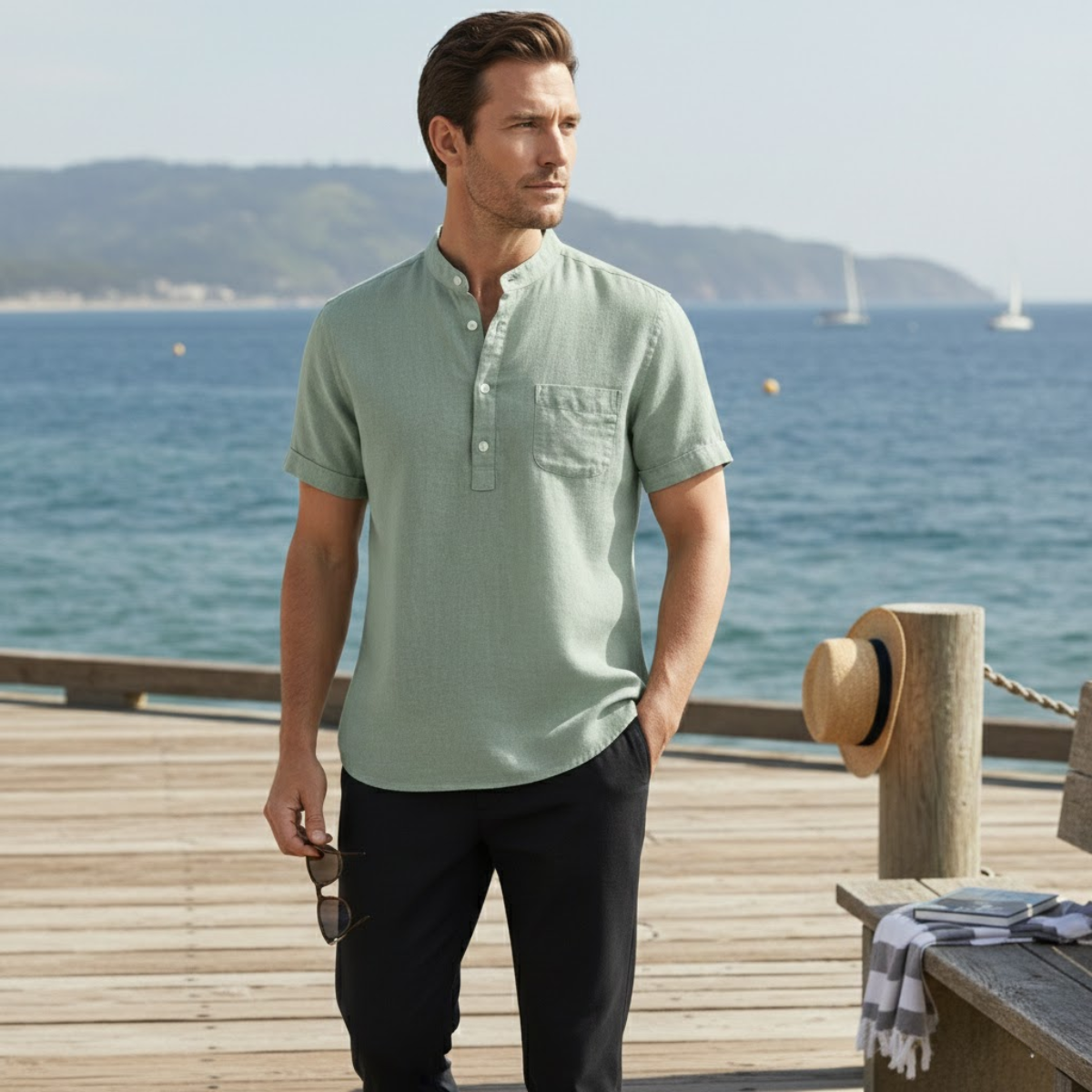 Axel | Men's Casual Linen Henley Shirt Gray Short Sleeve