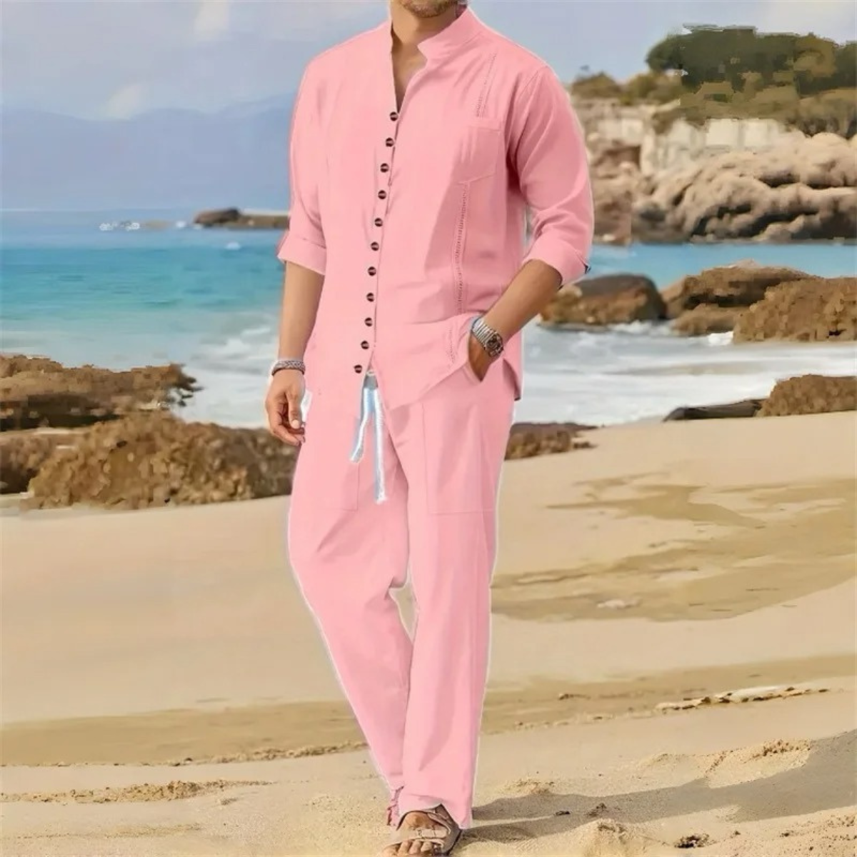 Dama Washington Axel men's linen sweatsuit pink button up - front view