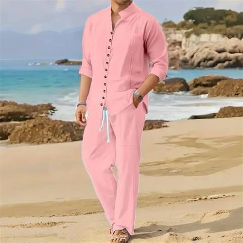 Dama Washington Axel men's linen sweatsuit pink button up - front view