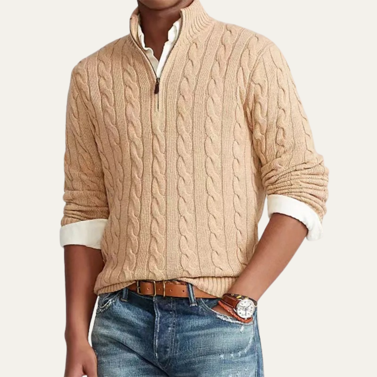 Rowan | Men's Cable Knit Quarter Zip Sweater Cream Mock Neck