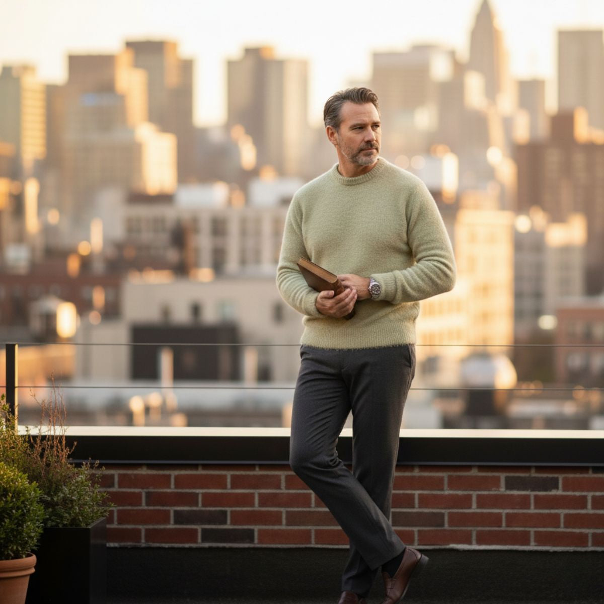 Alma | Men's Crew Neck Sweater White Cashmere Knit