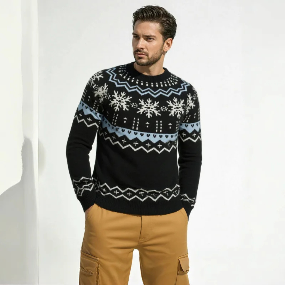 Ash | Men's Crew Neck Snowflake Sweater Cream Light Blue Black