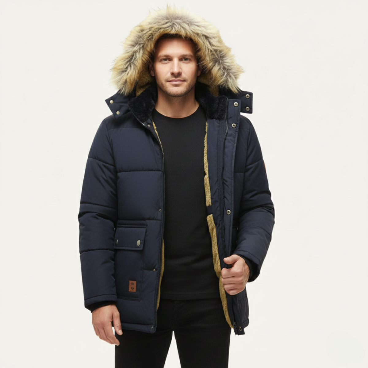 Luca | Men's Puffer Jacket Black Fleece Lined Hooded Winter