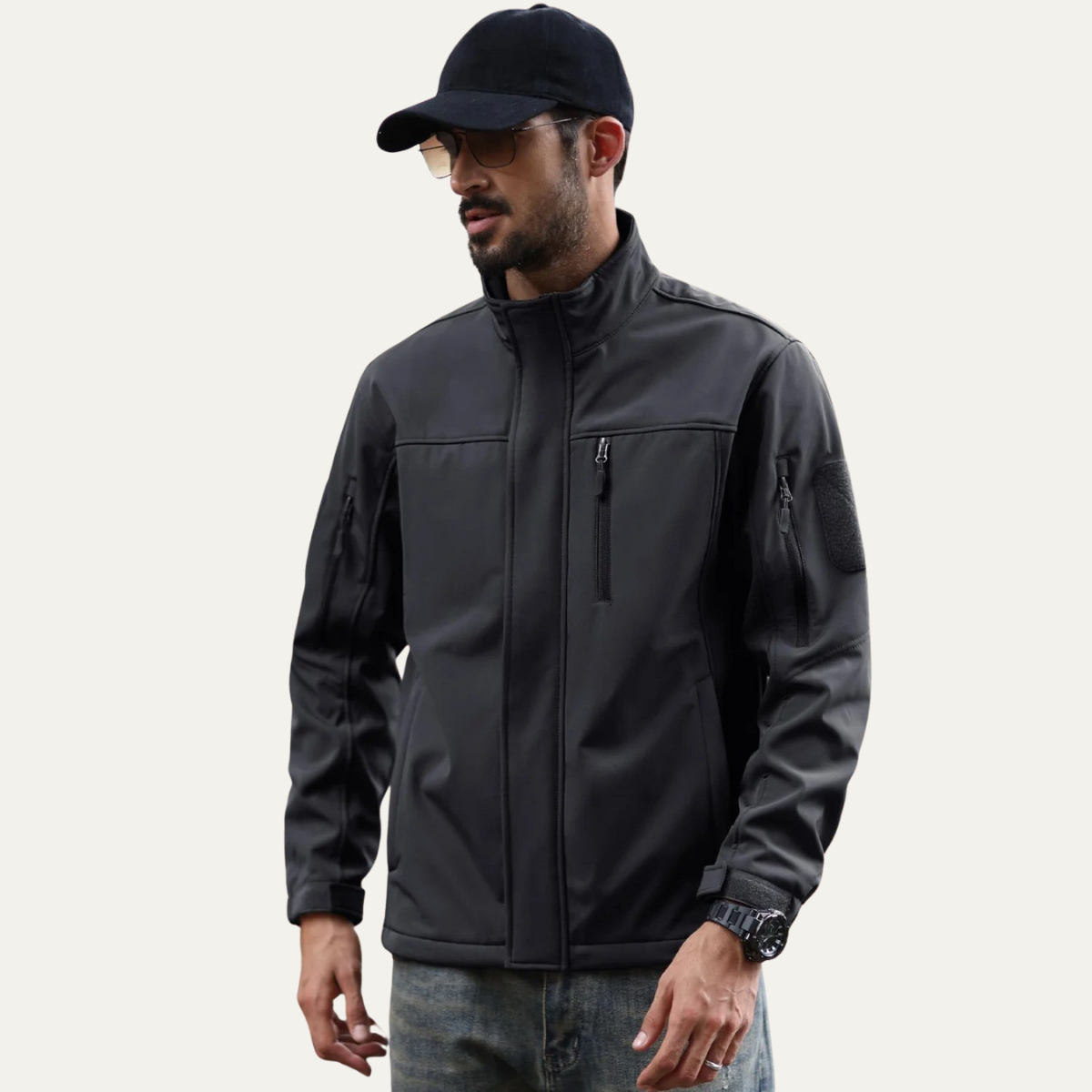 Rhys | Men's Lightweight Utility Jacket Black With Fleece Lined Collar