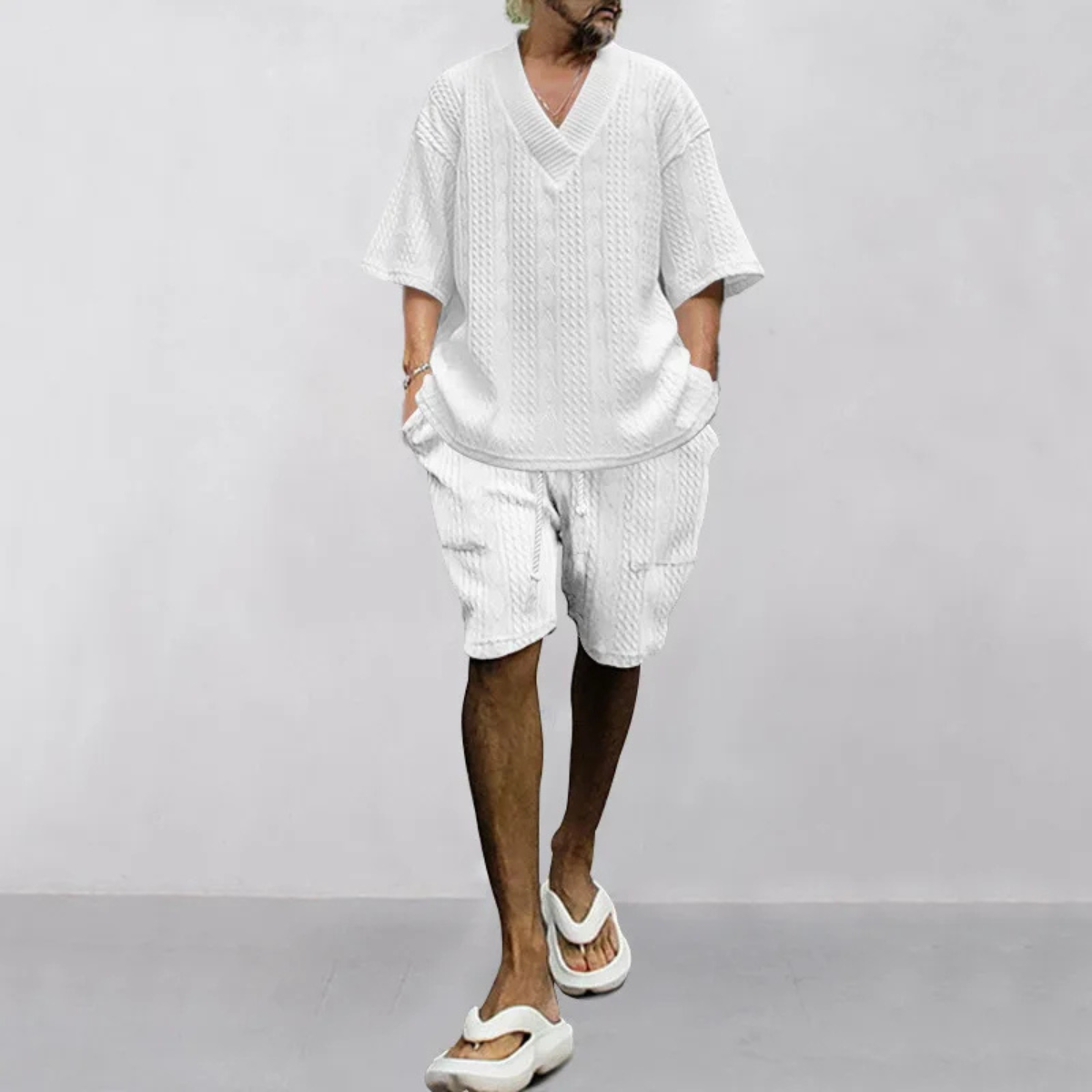 Callum | Men's Sweatsuit Cream Cable Knit V Neck Shorts Set
