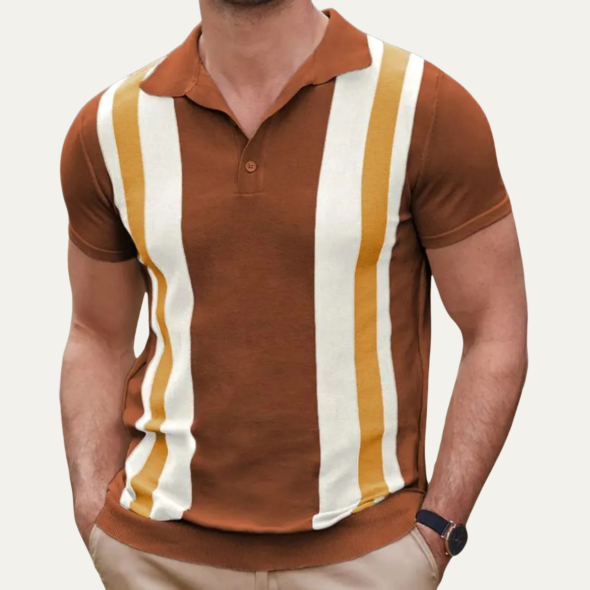 Axel | Men's Casual Striped Knit Polo Shirt Brown Gold White
