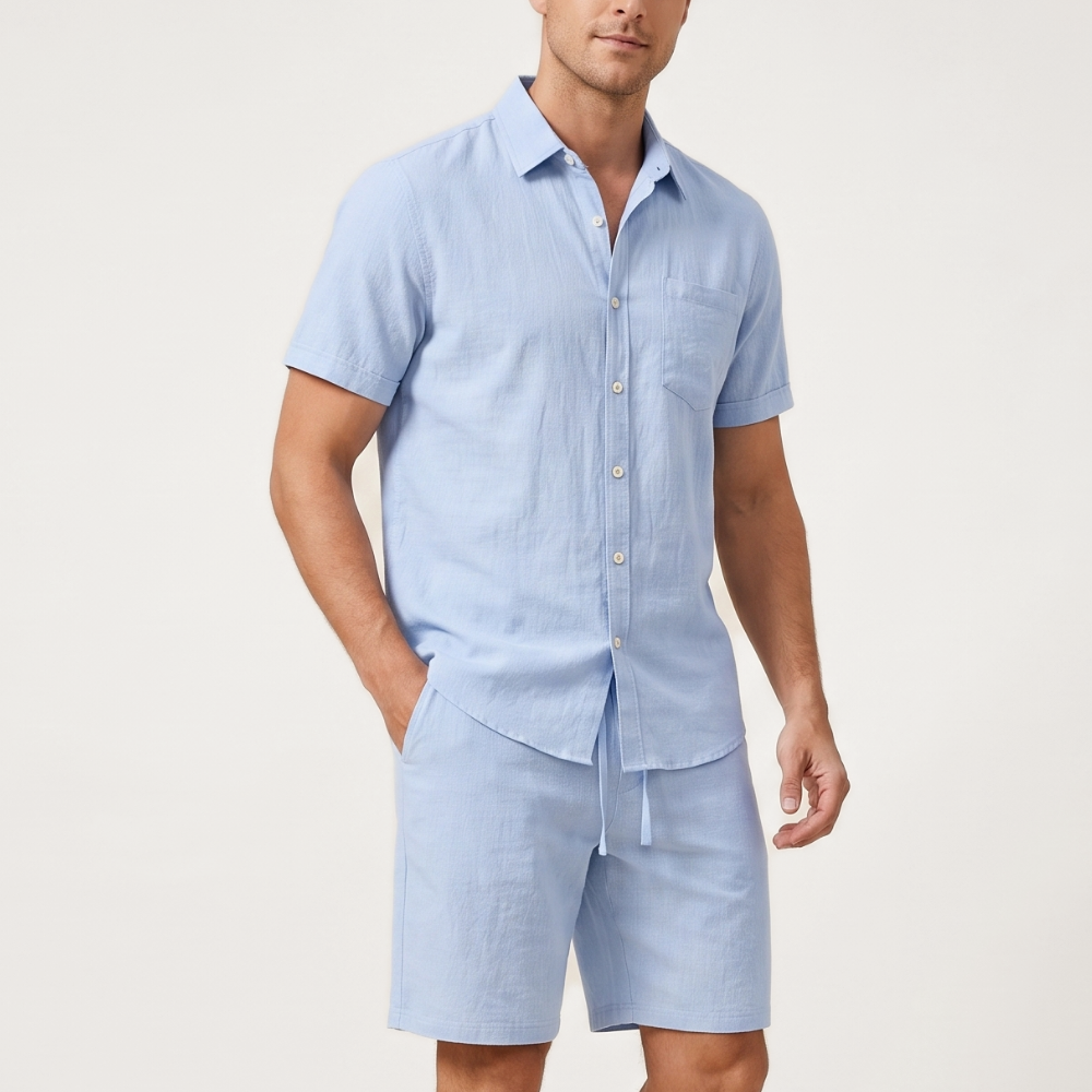Silas | Men's Casual Linen Button Up Shirt Light Blue Short Sleeve