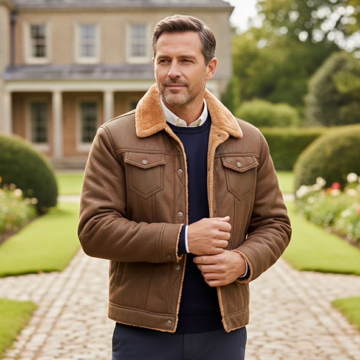 Rhys | Men's Sherpa Lined Denim Jacket Brown