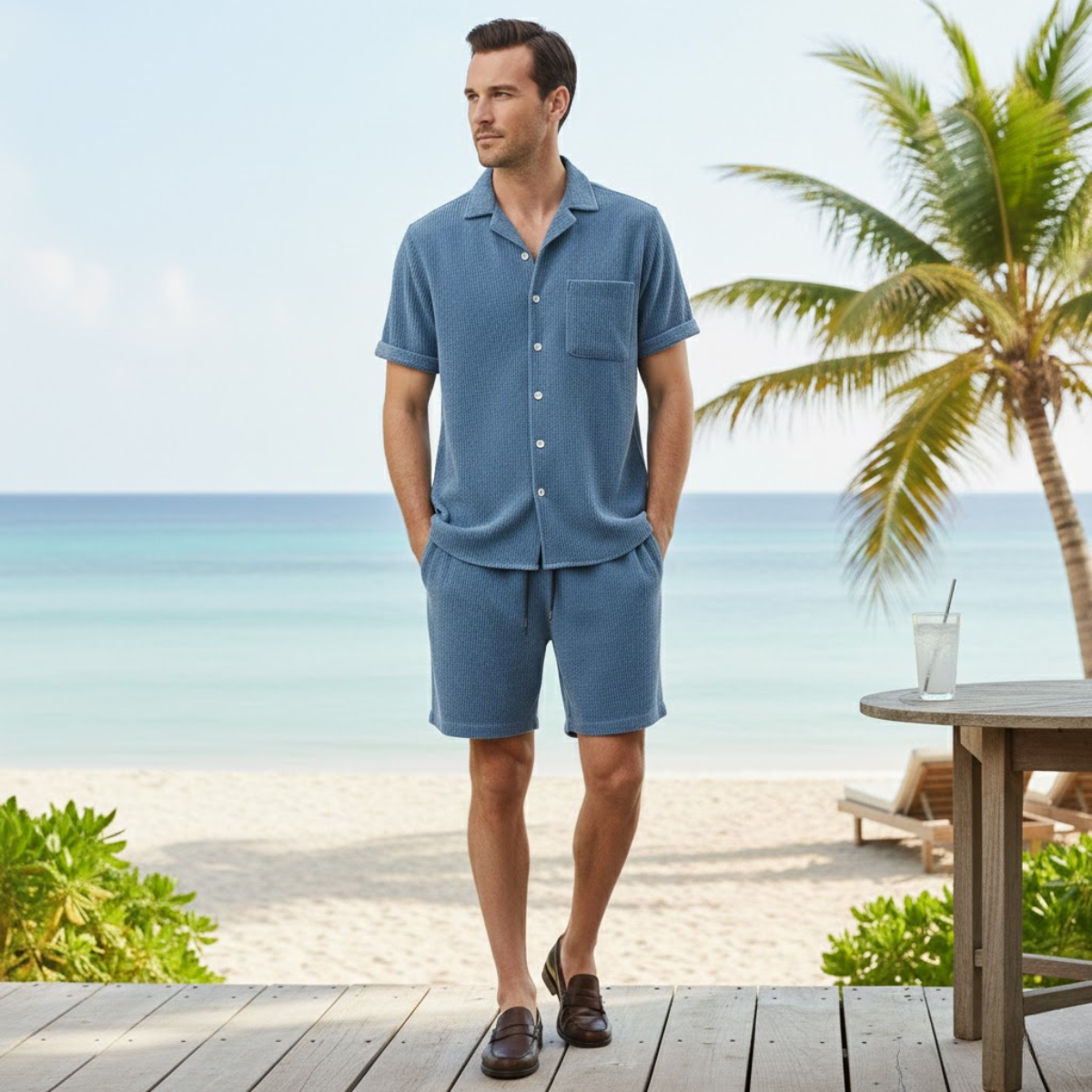 Ash | Men's Lounge Set Olive Green Short Sleeve Shirt Shorts