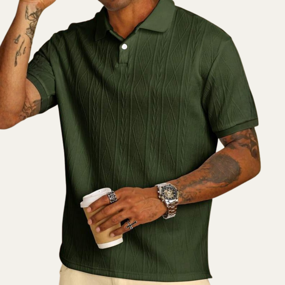 Ash | Men's Textured Polo Shirt Olive Green Short Sleeve