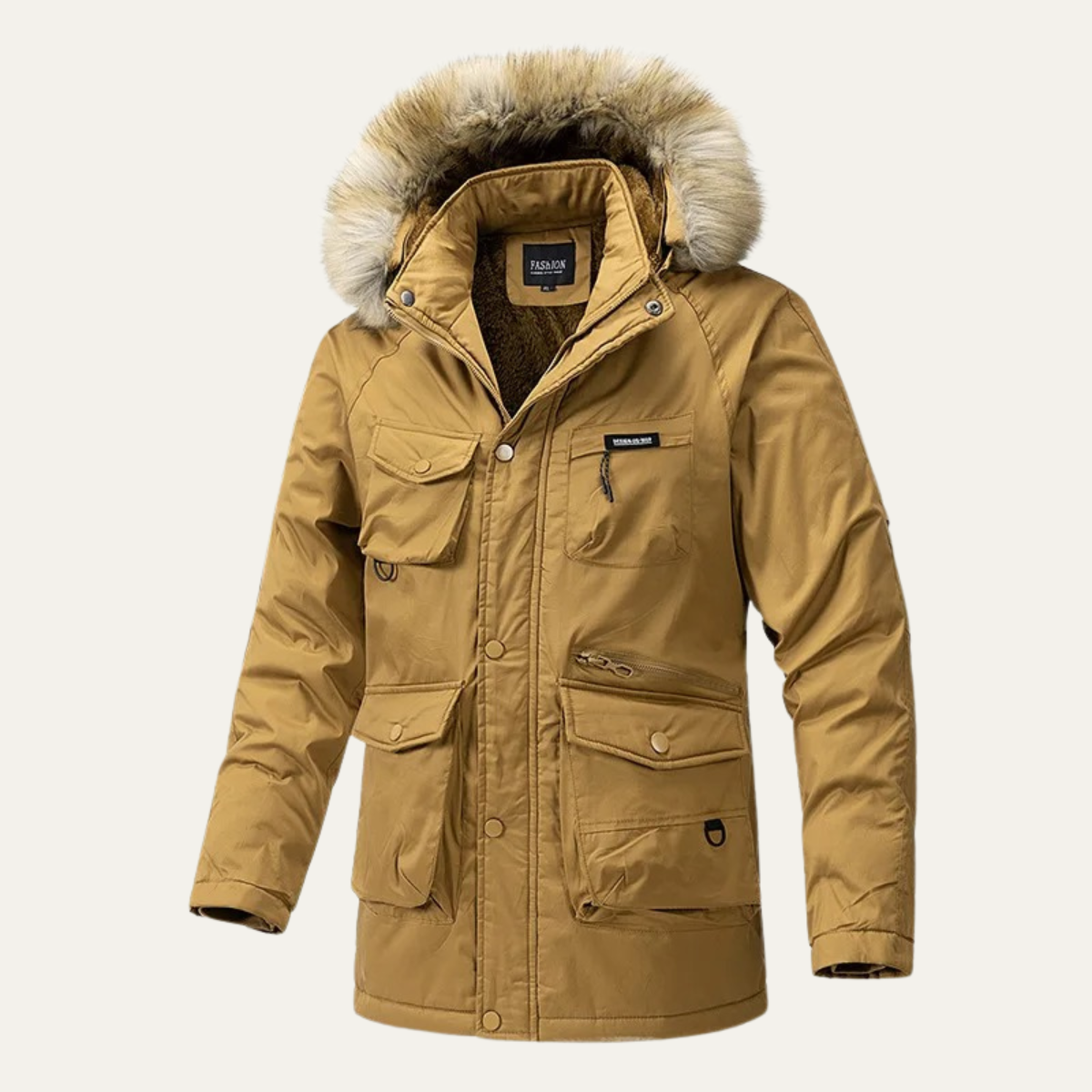 Rowan | Men's Puffer Coat Tan Faux Fur Hood Multiple Pocket