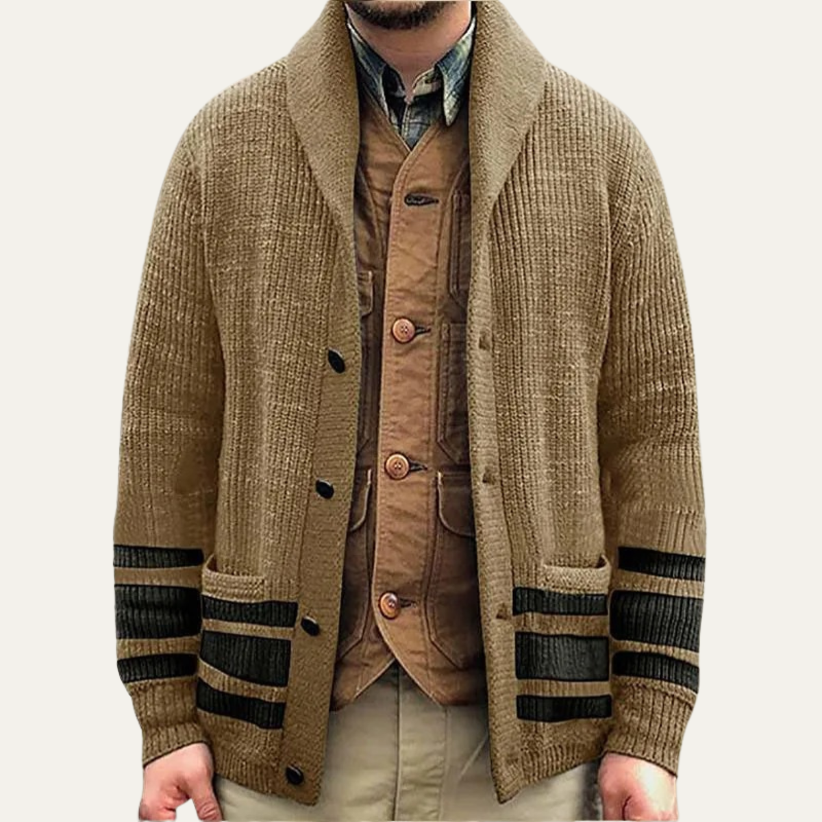 Jasper | Men's Cardigan Sweater Tan Stripe Black Ribbed Knit
