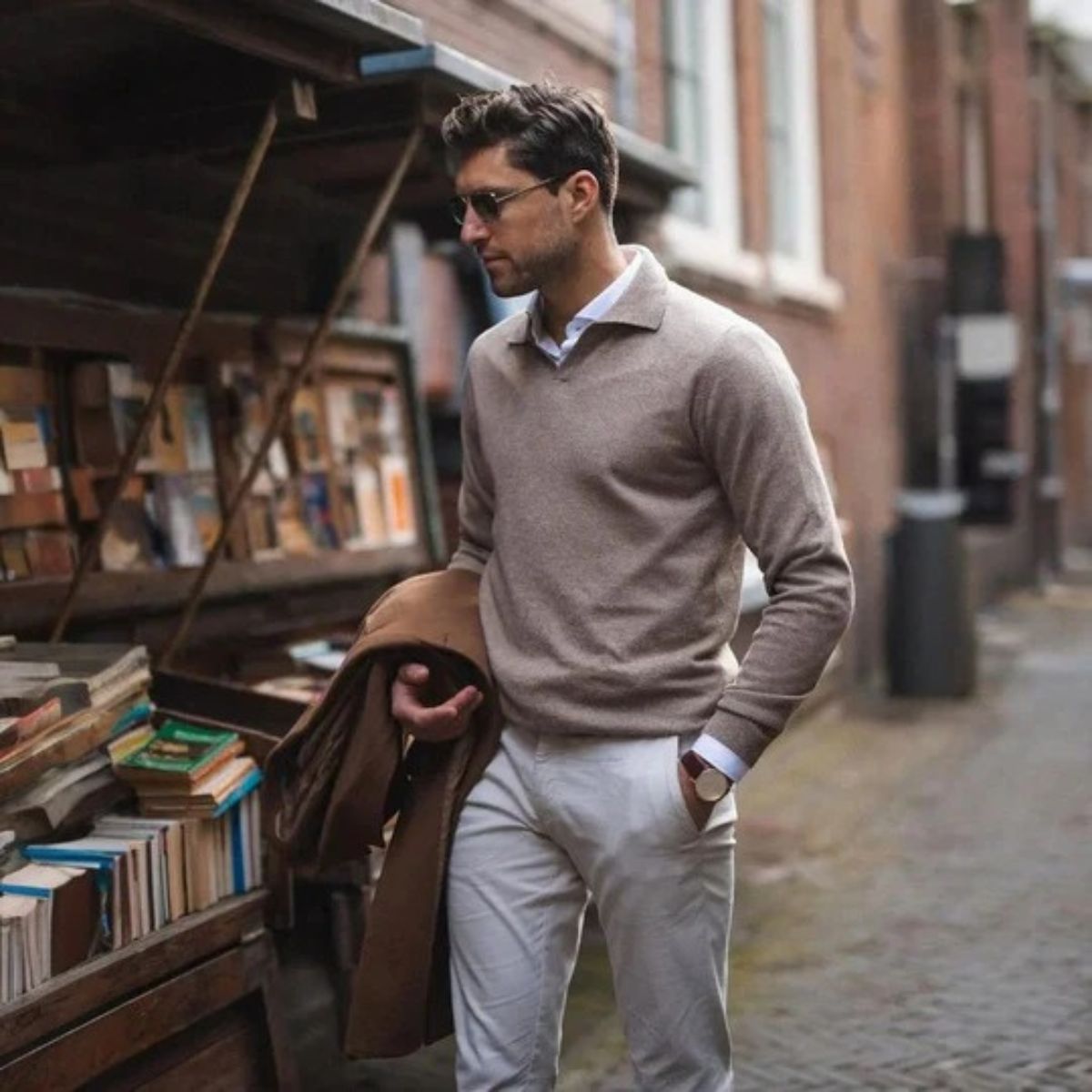 Blake | Men's Casual V Neck Sweater Taupe Long Sleeve
