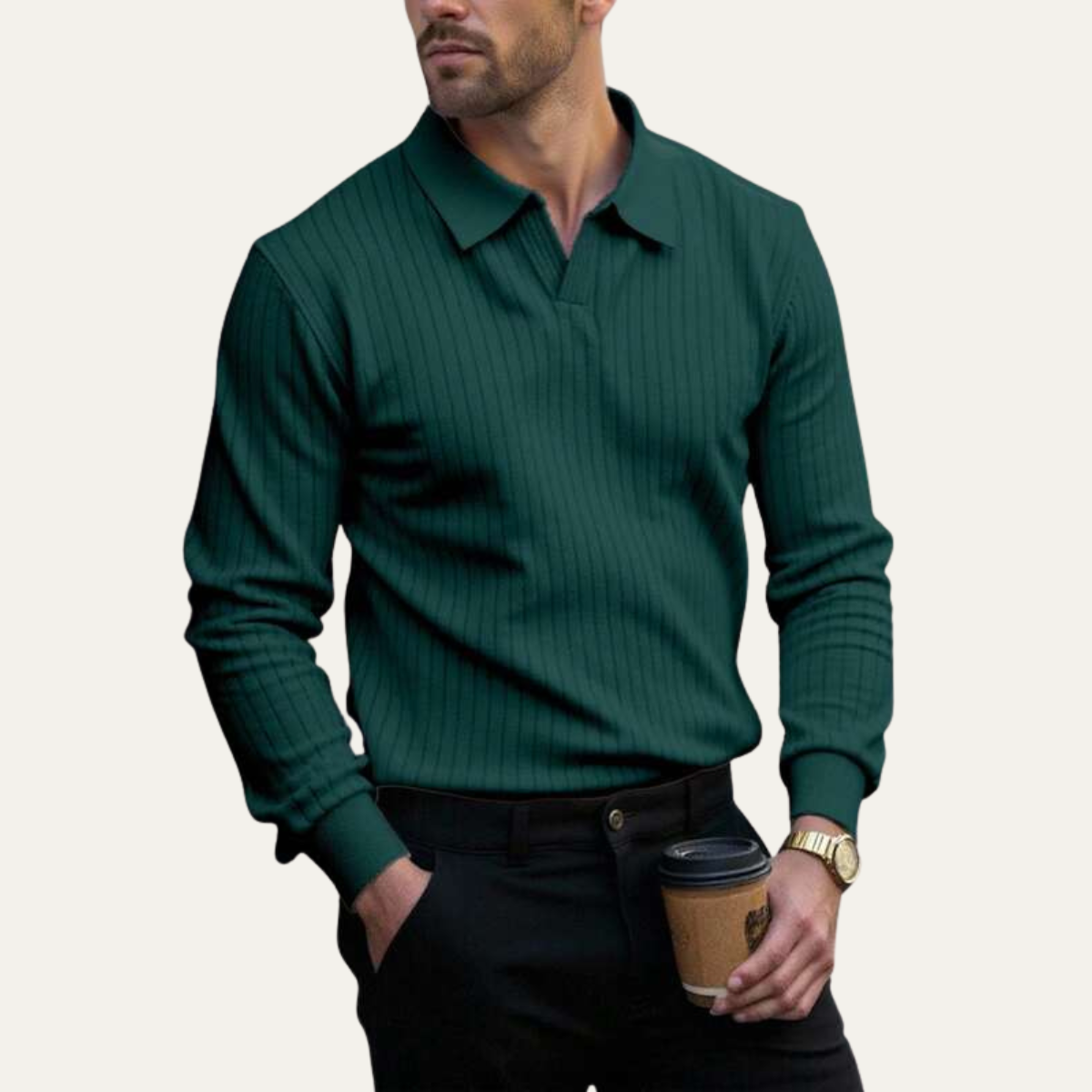 Bram | Men's Ribbed Knit Polo Shirt Deep Green Long Sleeve